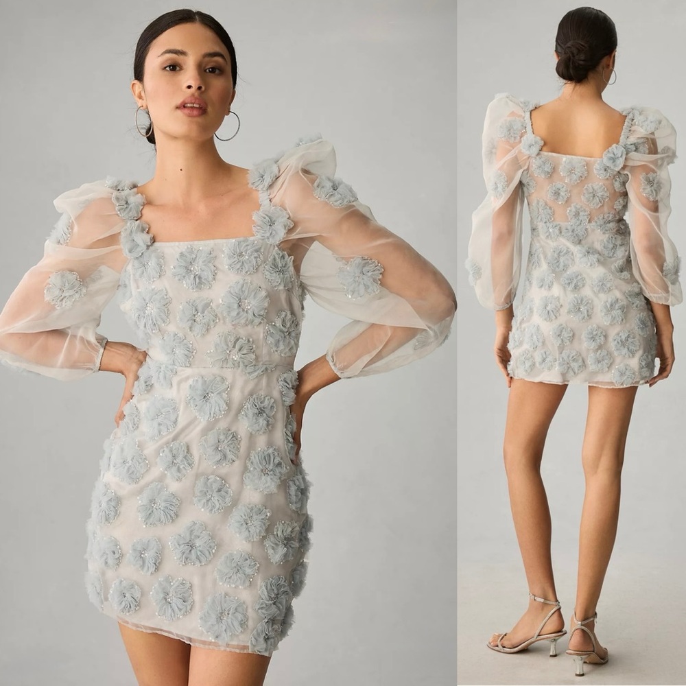 LoveShackFancy Wells Mini Dress in Glacier Blue Organza With‎ Floral Appliqués